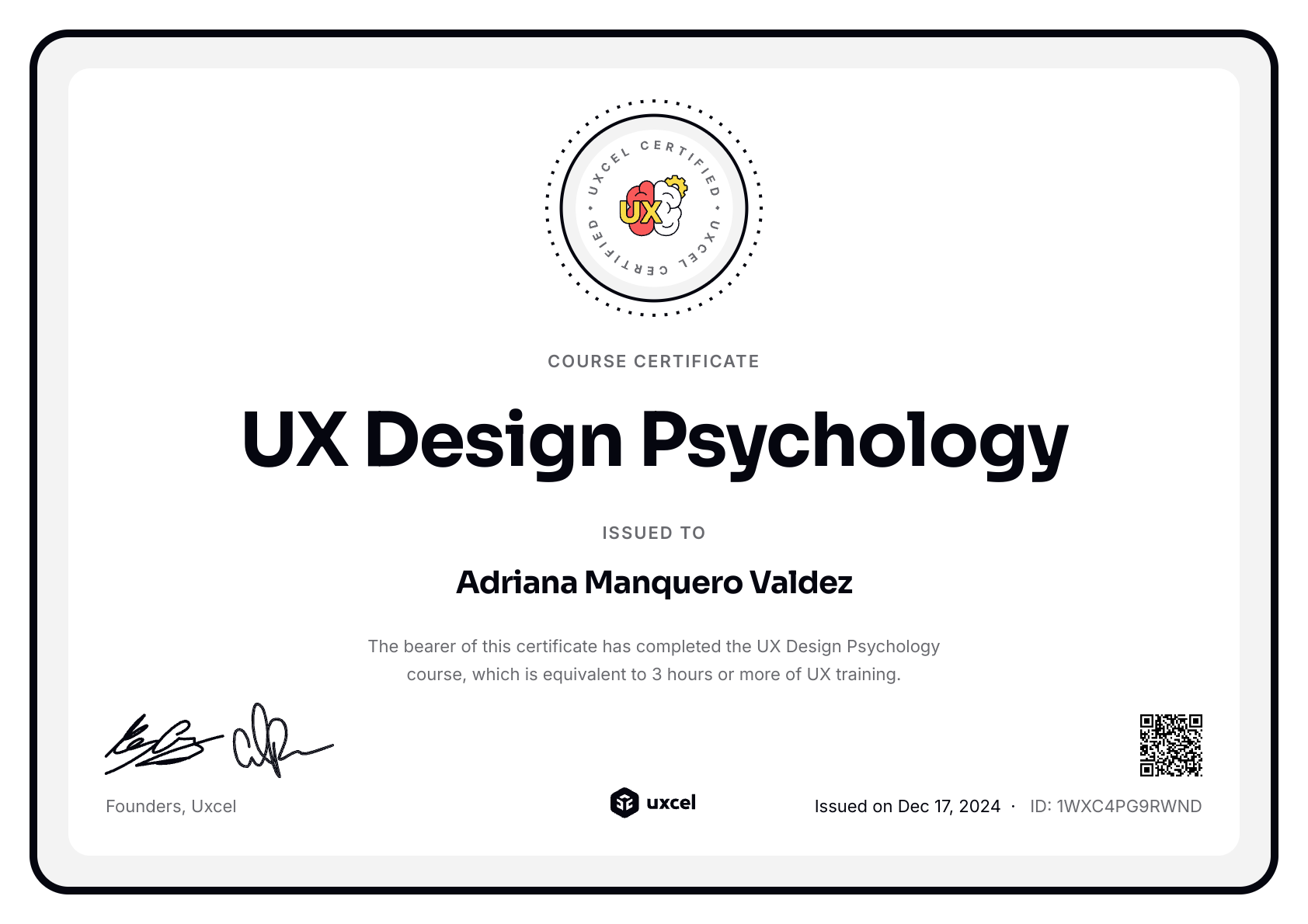 Adriana Manquero Valdez's certificate